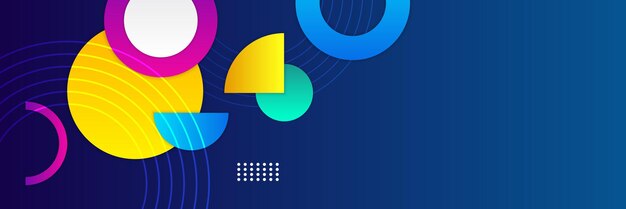Colorful abstract geometric wide banner background design. Blue yellow red pink green abstract vector business long banner template. Business minimal background with halftone circle frame