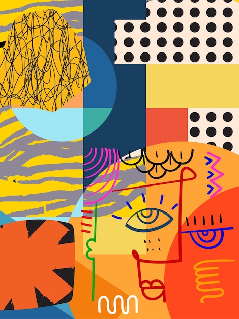 Colorful abstract grunge rough hand drawn geometric and shapes line art vector illustration
