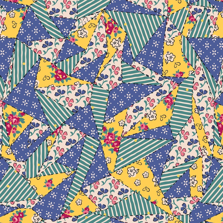Vector colorful abstract hand drawn seamless patchwork pattern with floral ornaments