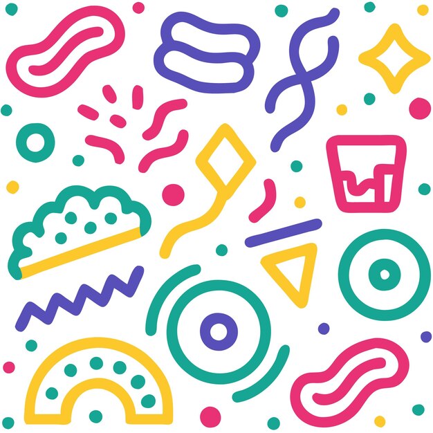 Colorful abstract pattern with geometric shapes and doodles