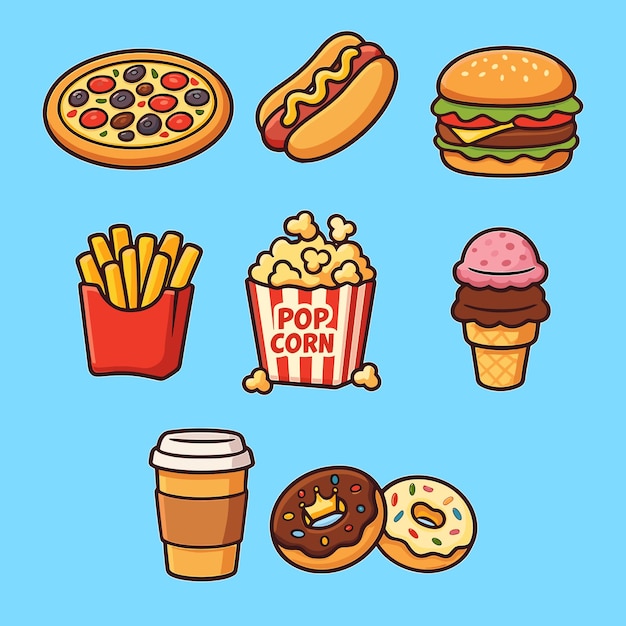 Colorful cute fast food icons collection cartoon style illustrations vector