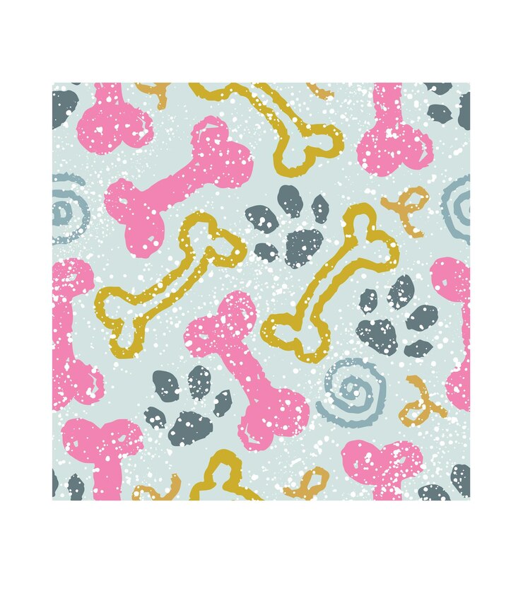 Colorful doodle paw prints and bone seamless pattern for textile design