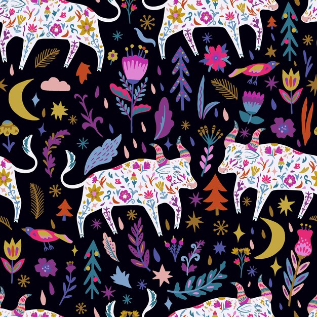 Colorful doodle seamless pattern with ox and flowers