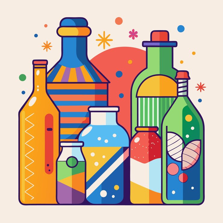 Vector colorful drinking bottles and 3d object illustration