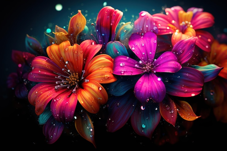 Vector colorful exotic flowers and butterflies separated on a black background seamless vector illustratio