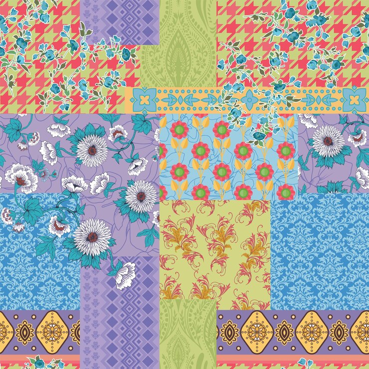 Vector colorful floral patchwork in retro style seamless pattern