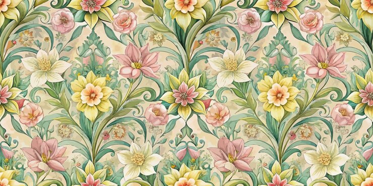 Colorful floral pattern featuring vibrant blossoms and greenery