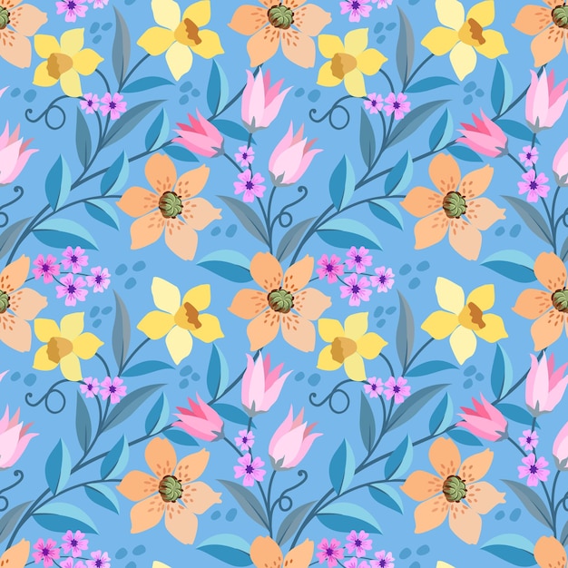 Colorful flowers design on blue color background seamless pattern