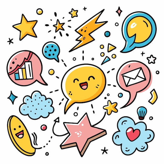 colorful hand drawn doodle design with speech bubbles and stars