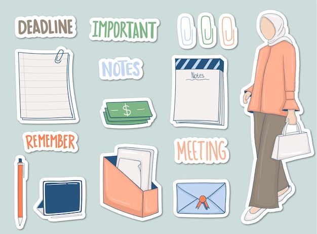 Colorful hand drawn office theme stickers with woman wearing hijab