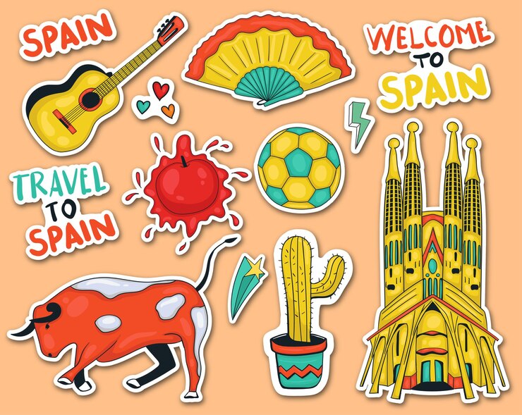 Vector colorful hand drawn spain element stickers collection