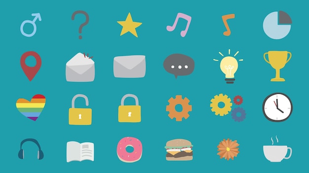 Colorful icons on a teal background including symbols like music notes gears a trophy and a light bulb Icons include a heart envelope and coffee cup Business element set