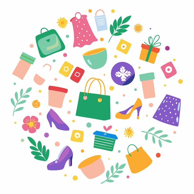 Colorful illustration of shopping bags shoes flower gift boxes and other items in a circle