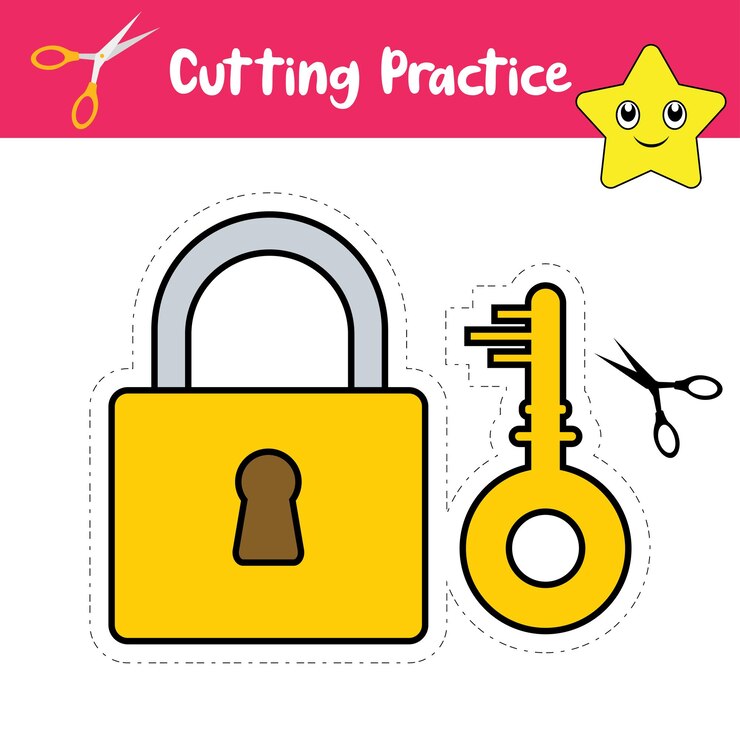 Vector colorful key padlock cutting practice worksheets for kids vector graphics key padlock