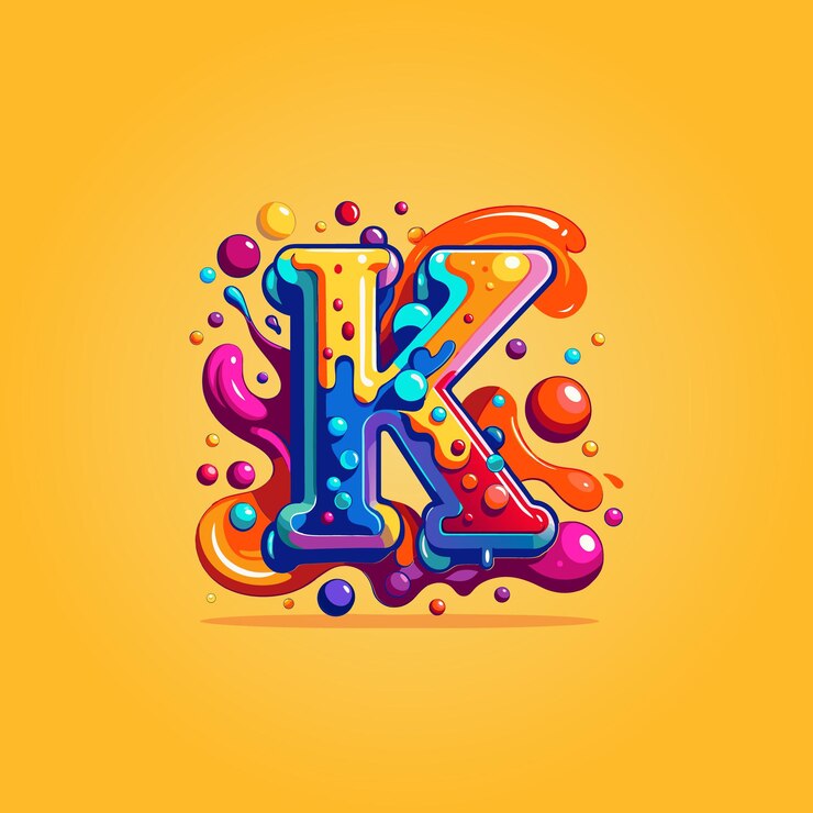 Colorful letter K painted with liquid color bubbles vector illustration 3d abstract logo decoration