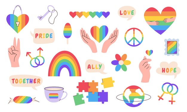 Colorful LGBTQ pride elements set Rainbow love and equality symbols Perfect for posters stickers cards and pride month projects Vector illustration