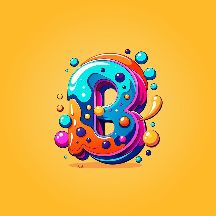 Colorful Liquid Painted B Letter with Bubbles Vector Illustration 3D Abstract Logo Decoration