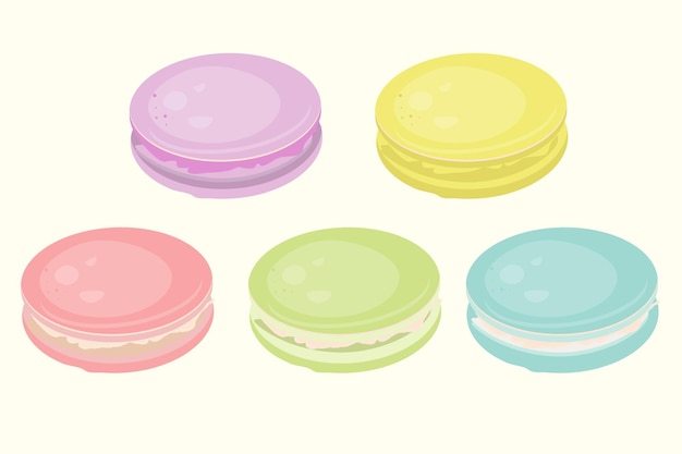 Colorful pastel macarons in pink green blue purple and yellow shades on a light background