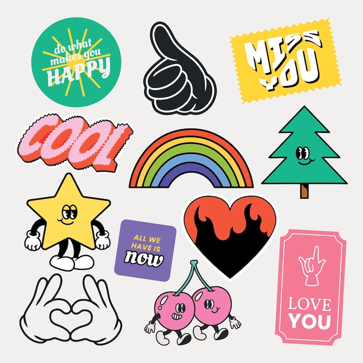 Vector colorful playful retro sticker collection