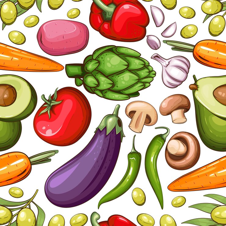 Colorful Seamless Pattern with fresh vegetables Food Pattern Background