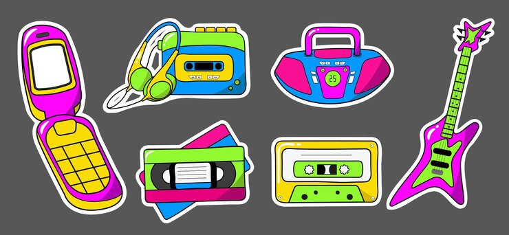 Colorful set of music stickers badges in 80s 90s comic style musical instruments symbols