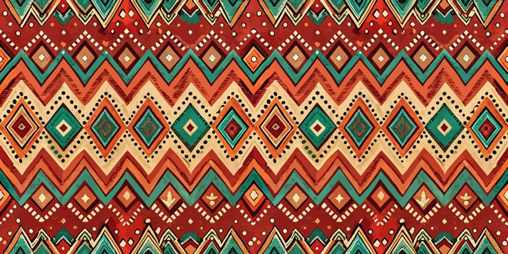 Colorful tribal pattern with vibrant zigzag and diamond designs in earthy tones