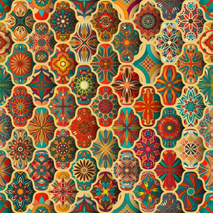 Colorful vintage pattern with floral and mandala elements