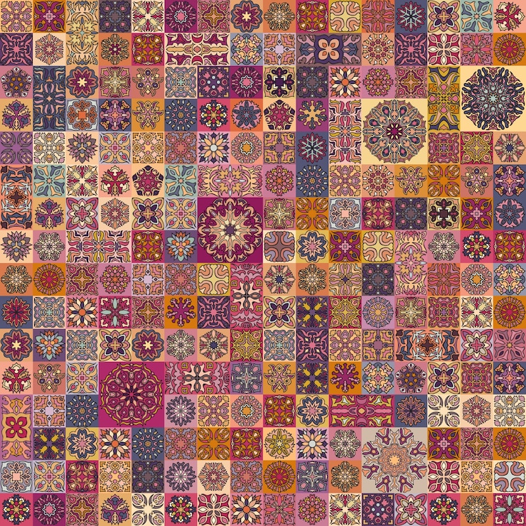 Colorful vintage seamless pattern with floral and mandala elements.Hand drawn background.