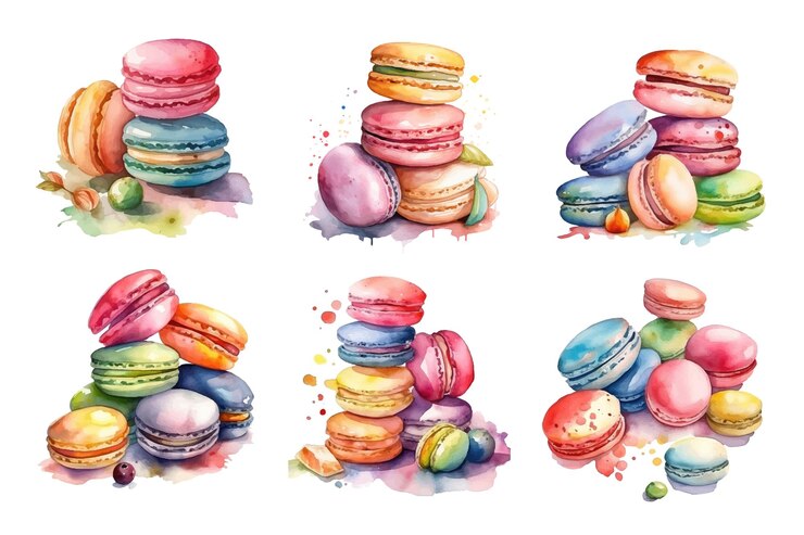 Vector colorful watercolor macaroons isolated on white background vector illustration icons set