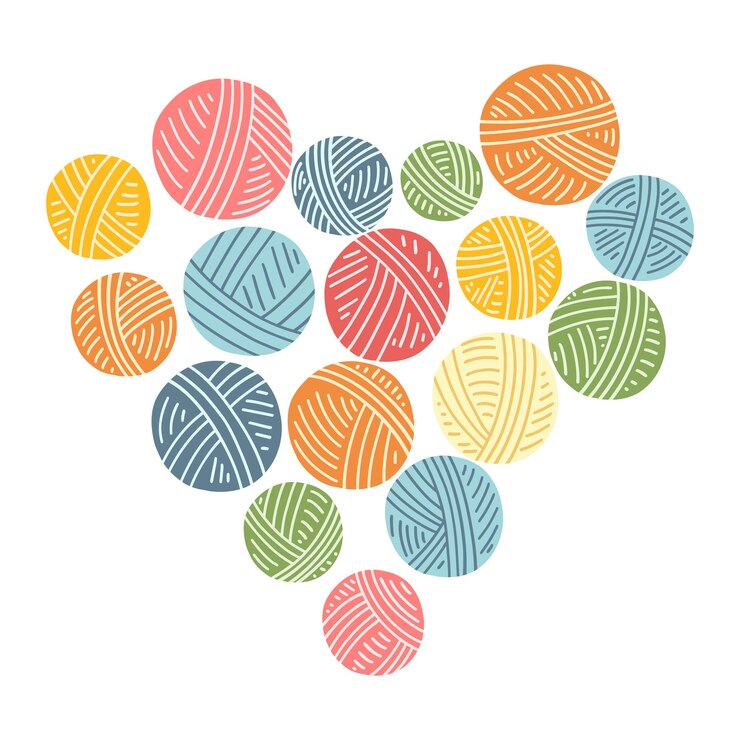 Vector colorful yarn balls in heart shape hand drawn vector illustration of knitting supplies hobby items needlework leisure time concept