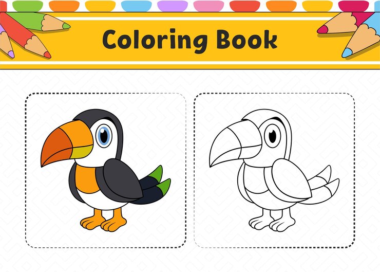 Vector coloring book page of a cartoon toucan bird