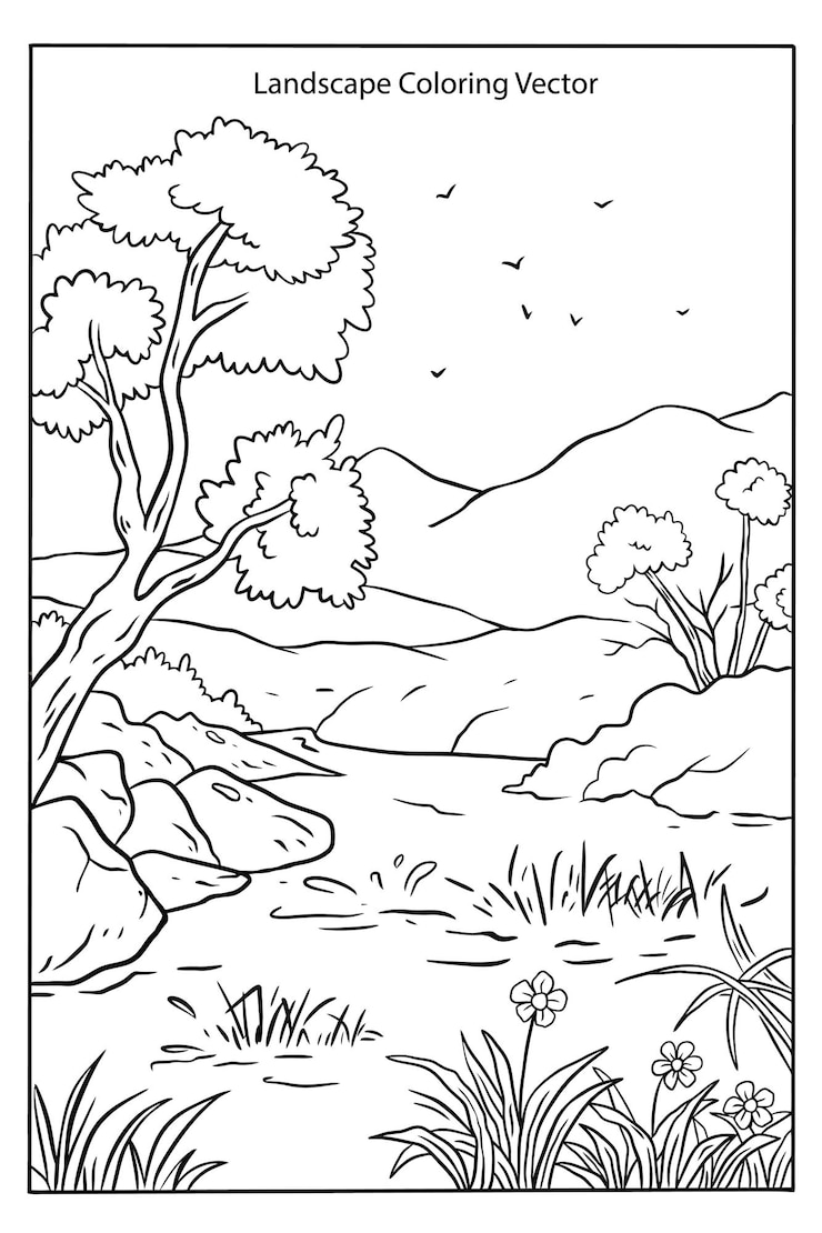 Vector coloring page with a landscape and a tree and a mountain.