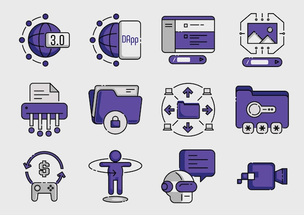 colorline web 30 technology icon designing for decentralize application such as AI chatbot promt writing image generator data security play to earn game and 3D graphic