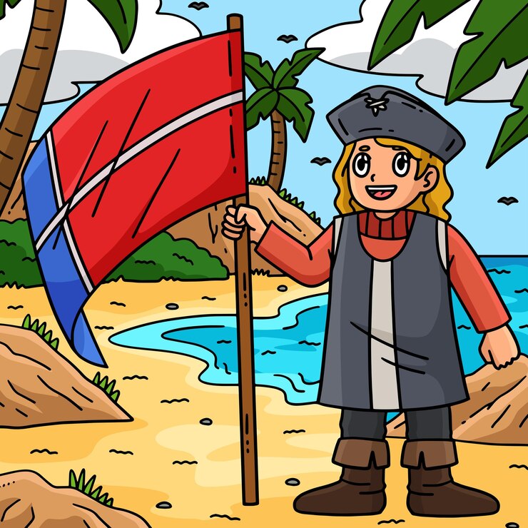 Vector columbus day man with a flag colored cartoon
