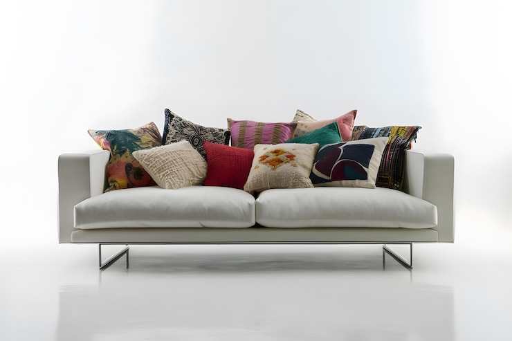 Vector comfortable sofa with colorful pillows in the room close up