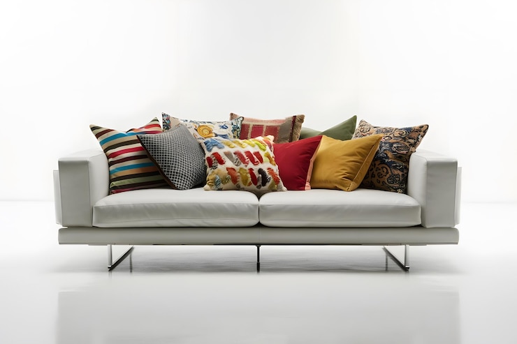 Vector comfortable sofa with colorful pillows in the room close up