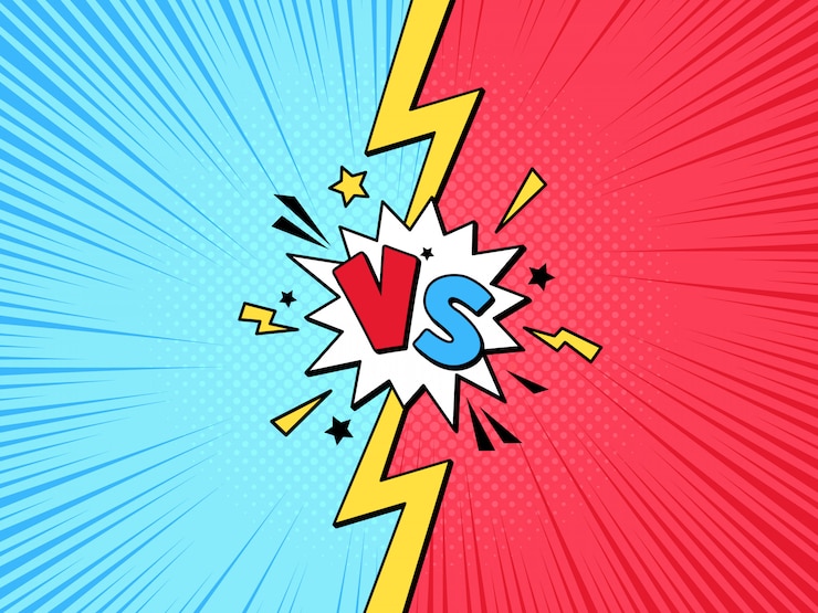 Vector comic book vs frame. cartoon versus pop art lightning halftone background, challenge or team battle competition  illustration template. fight battle and compare, challenge comic duel