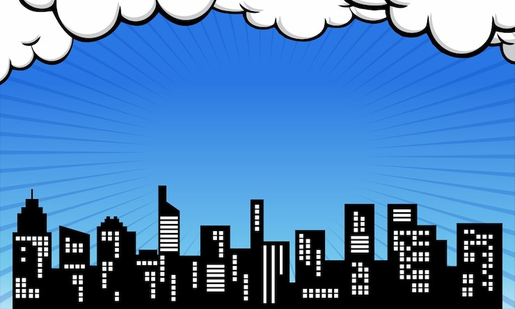 Vector comic pop art blue background with cloud and city silhouette