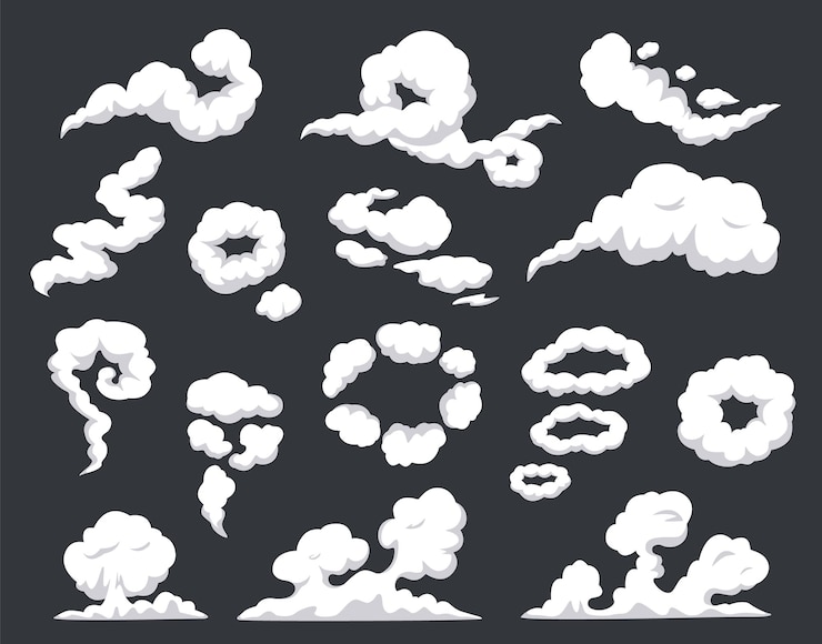 Vector comic smoke swirling clouds puff of wind steam smog dust fog cartoon set