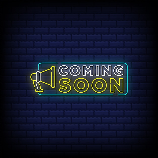 coming soon neon signs style text design with megaphone sign