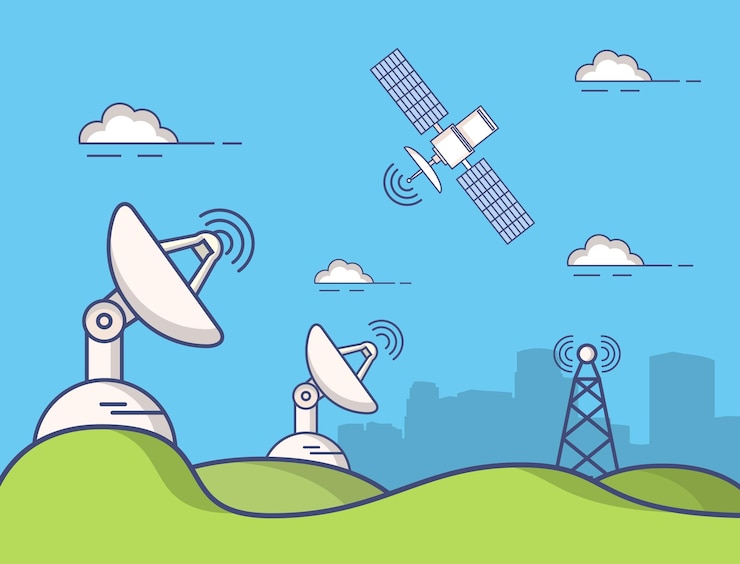 Vector communication parabolic satellite dish space receivers wireless technology artificial satellite