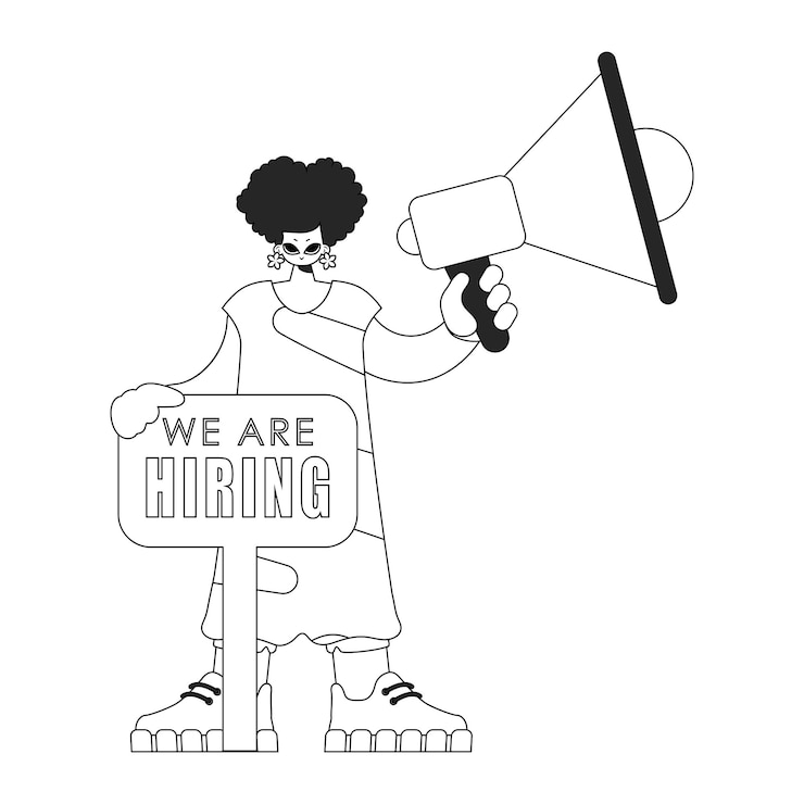 Vector competent hr specialist woman holding a megaphone in her hands hr topic linear black and white style