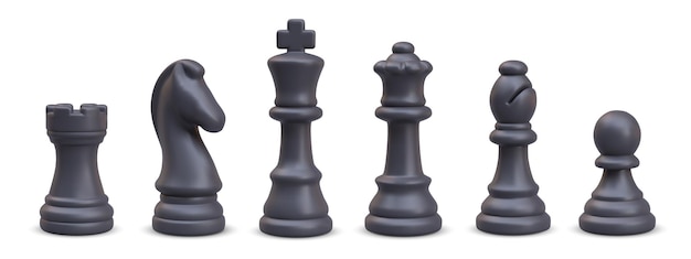 Complete set of black chess pieces lined up in row d king queen pawn knight officer rook
