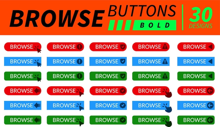 Vector complete set of browse buttons with hand pointer arrow pointer and other related icons in bold desi