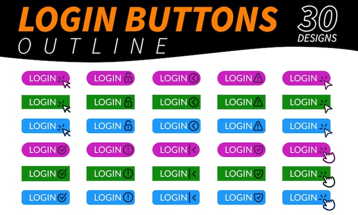 Vector complete set of login buttons with hand pointer arrow pointer and other related icons in outline