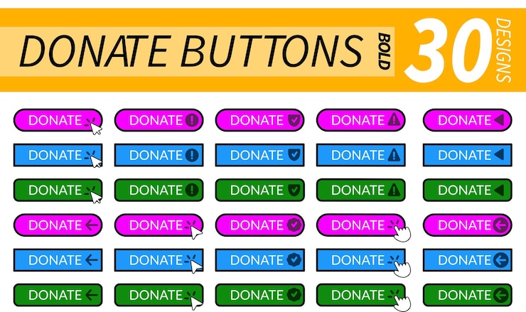 Vector complete set of professional donate buttons with hand pointer arrow pointer and other related icons
