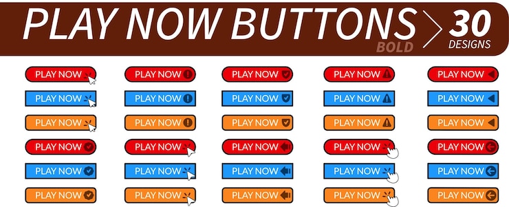 Vector complete set of professional play now buttons with hand pointer arrow pointer and other related ic