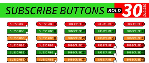 Complete set of professional subscribe buttons with hand pointer arrow pointer and other related ic