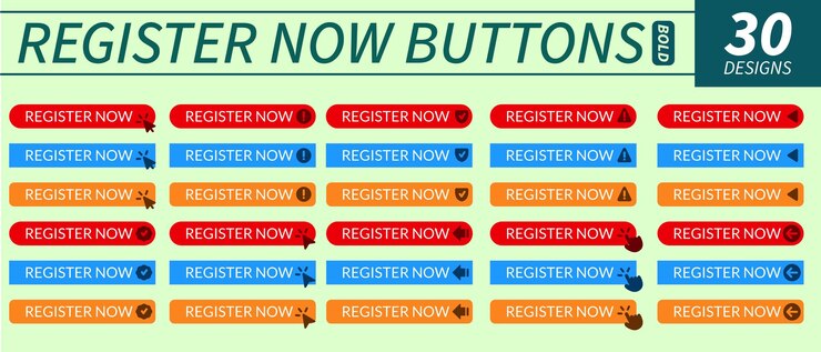 Vector complete set of register now buttons with hand pointer arrow pointer and other related icons in bol