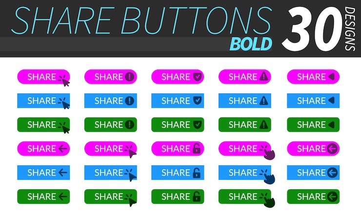 Vector complete set of share buttons with hand pointer arrow pointer and other related icons in bold